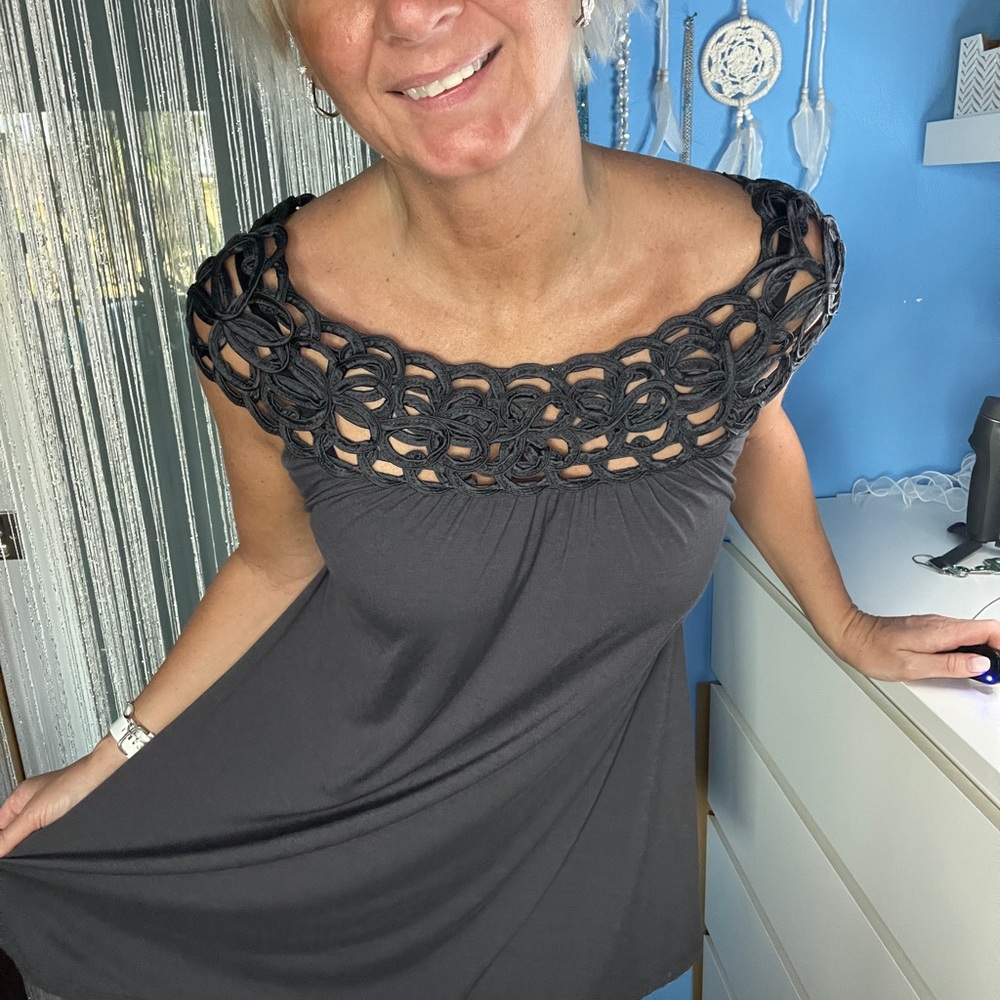 Elegant Steel Grey Crochet Neckline Tunic Dress – Size Medium